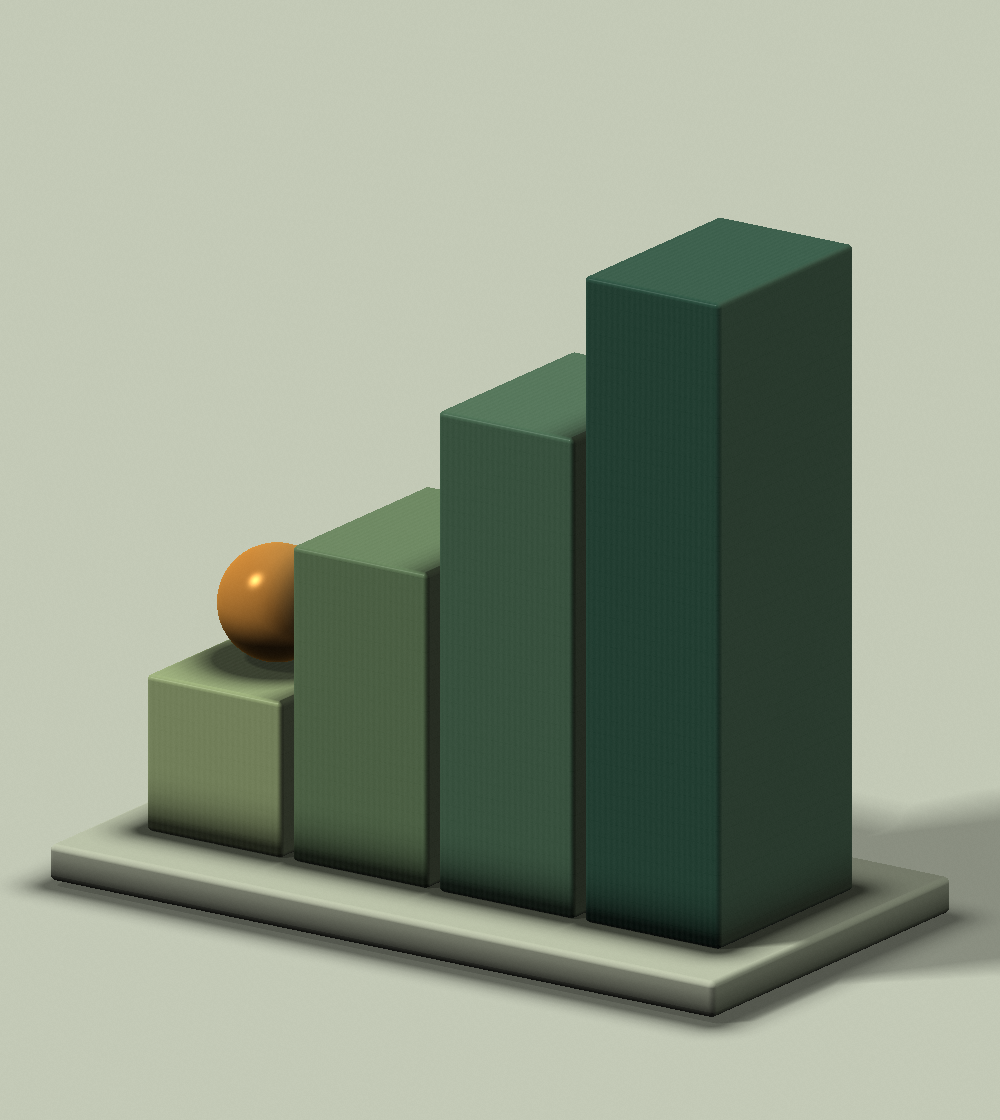 Architectural green and amber forms rising in measured steps, an abstract expression of strategic business growth